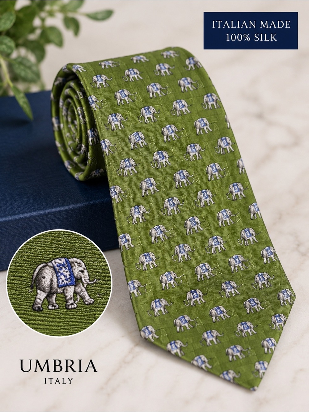 Italian Made Silk Elephant Print Tie Green Blue Novelty Animal Tie